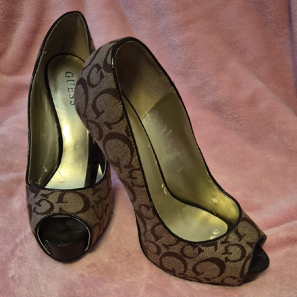 Guess Brown Monogram Peep-Toe Heels